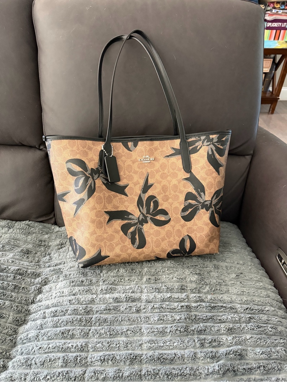 Coach Tan and Black Bow Logo Tote with Black Accents